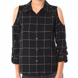 REVOLVE Windowpane Plaid Cold Shoulder Blouse Small Black White Parisian Modern